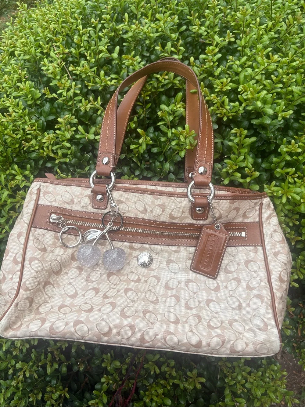 Coach Beige Signature Canvas Shoulder Bag with Brown Trim